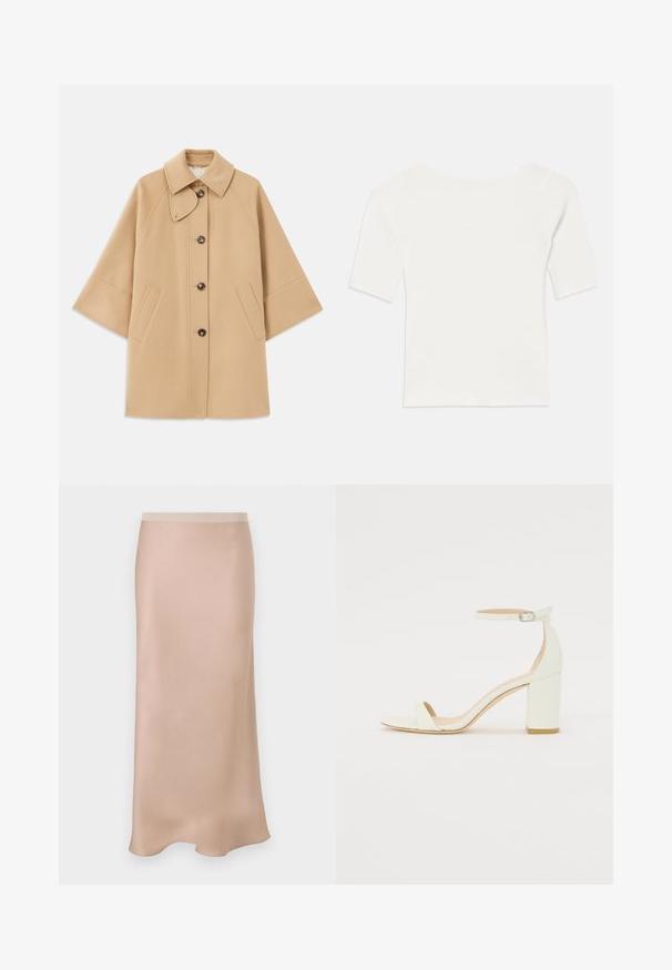 Beige wool blend coat with a classic collar, front button closure, and side pockets; features raglan sleeves and a clean, structured design.; White ribbed short-sleeve top with a wide neckline. The texture features vertical stripes, emphasizing a snug fit and simple design.; Satin midi skirt in light beige with a smooth texture. Features a fitted waistband and a subtle A-line shape, flaring gently at the hem.; White leather block-heel sandal featuring an ankle strap with a buckle and minimalist design. Open toe and smooth textures throughout.