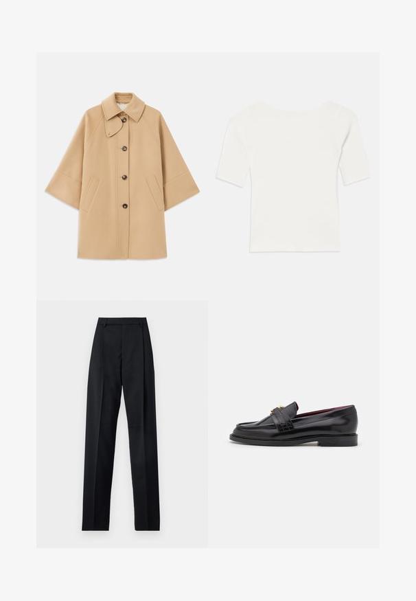 Beež villasegu jakk klassikalise kraega, ees nuppude sulgemise ja küljetaskutega; omab raglan-varrukaid ja puhtalt, struktureeritud disaini.; Valge sooniline lühikeste varrukatega topp laia kaelusega. Tekstuuril on vertikaalsed triibud, mis rõhutavad mugavat istuvust ja lihtsat disaini.; Mustad püksid siledast kangast, millel on kõrge vöökoht, laiad jalad, esimesed kortsud ja klassikalised vööloopid. Küljepockets pole nähtavad.; Mustad nahast loafers, millel on õmblustega muster, sile tekstuur, kuldne klamberdetail ja ümar varvas, paigutatud madalale mustale tallale.