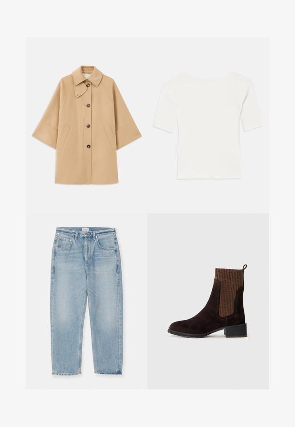 Bežna volnena jopica s klasičnim ovratnikom, sprednjim gumbom za zapiranje in stranskimi žepi; ima raglan rokave in čist, strukturiran dizajn.; Bela rebrasta majica s kratkimi rokavi in širokim izrezom. Tekstura prikazuje navpične črte, kar poudarja tesno prileganje in preprost dizajn.; Svetlo modri trapke iz denima z obrabljenim videzom, ravna noga, pet žepov in zadrgo za zapiranje. Surov rob na gležnjih.; Bordo nubuk gležnjača z teksturiranim rjavim rebrastim pletenim zgornjim delom, gladko površino, nizko blokasto peto in zanko na peti za lažje obuvanje.