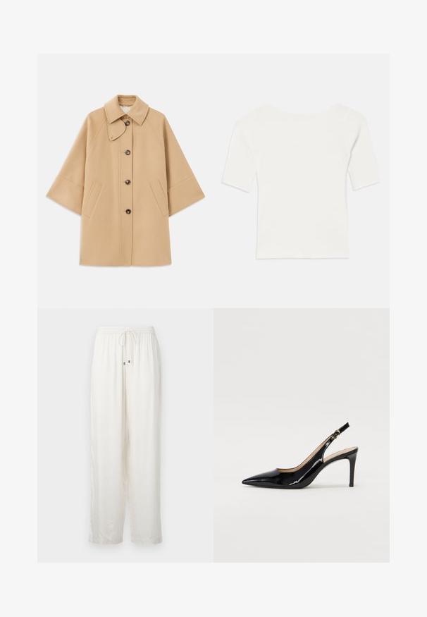 Bežna volnena jopica s klasičnim ovratnikom, sprednjim gumbom za zapiranje in stranskimi žepi; ima raglan rokave in čist, strukturiran dizajn.; Bela rebrasta majica s kratkimi rokavi in širokim izrezom. Tekstura prikazuje navpične črte, kar poudarja tesno prileganje in preprost dizajn.; Bele, lahke, ohlapne hlače z elastičnim pasom in vrvico. Imajo subtilen sijaj in raven kroj.; Črne lakirane slingback čevlje z izostrenim nosom, ozkim peto in subtilnim izrezom. Na traku je zlata sponka.
