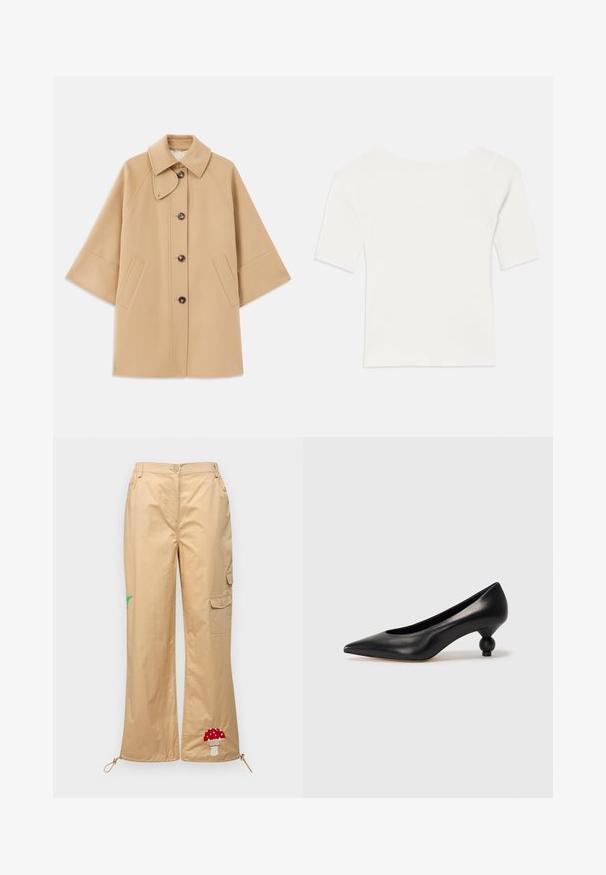 Beige gyapjú mix kabát klasszikus gallérral, elülső gombos záródással és oldalsó zsebekkel; raglán ujjaival és letisztult, strukturált dizájnjával rendelkezik.; Fehér bordázott, rövid ujjú felső széles nyakkivágással. A textúrája függőleges csíkokkal rendelkezik, hangsúlyozva a szoros illeszkedést és az egyszerű dizájnt.; Sima anyagból készült bézs cargo nadrág, hímzett gombával és pálmalevéllel, állítható szegéllyel és oldalsó zsebekkel.; Fekete bőr magassarkú cipő, hegyes orral és kerek, gömbölyű sarokkal. Simább textúrával, elegáns, minimalista dizájnnal.