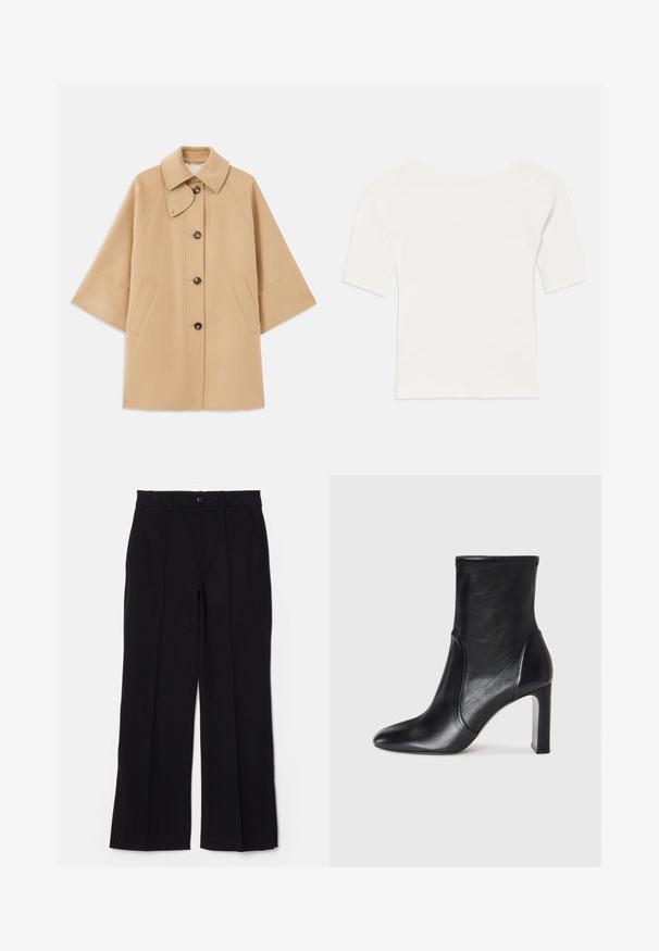 Beige kabát z vlněné směsi s klasickým límcem, zapínáním na knoflíky vpředu a bočními kapsami; má raglánové rukávy a čistý, strukturovaný design.; Bílý kratší top s pruhovaným vzorem a širokým výstřihem. Textura obsahuje vertikální pruhy, které zdůrazňují těsný střih a jednoduchý design.; Černé kalhoty s plochým předním dílem, rovnými nohavicemi a kapsami. Vyrobené z měkké látky, s jedním knoflíkem a poutky na pásek.; Černá kožená kotníková bota s elegantním designem, špičatou špičkou a vysokým blokovým podpatkem. Vyznačuje se hladkým povrchem a minimalistickými detaily šití.