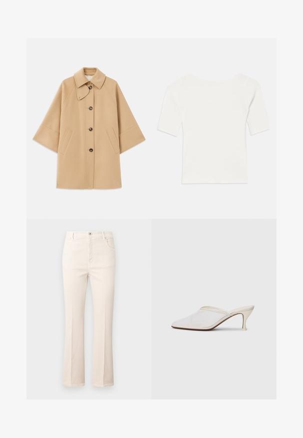 Beige gyapjú mix kabát klasszikus gallérral, elülső gombos záródással és oldalsó zsebekkel; raglán ujjaival és letisztult, strukturált dizájnjával rendelkezik.; Fehér bordázott, rövid ujjú felső széles nyakkivágással. A textúrája függőleges csíkokkal rendelkezik, hangsúlyozva a szoros illeszkedést és az egyszerű dizájnt.; Bézs színű, pamut anyagú, bővülő szárú farmernadrág, magas derékkal, öt zsebbel, gombos záródással és finom varrási részletekkel.; Fehér hálós, hegyes orrú mules cipő, vékony, középmagas sarkával és slip-on kialakításával, egyszerű háttér előtt.