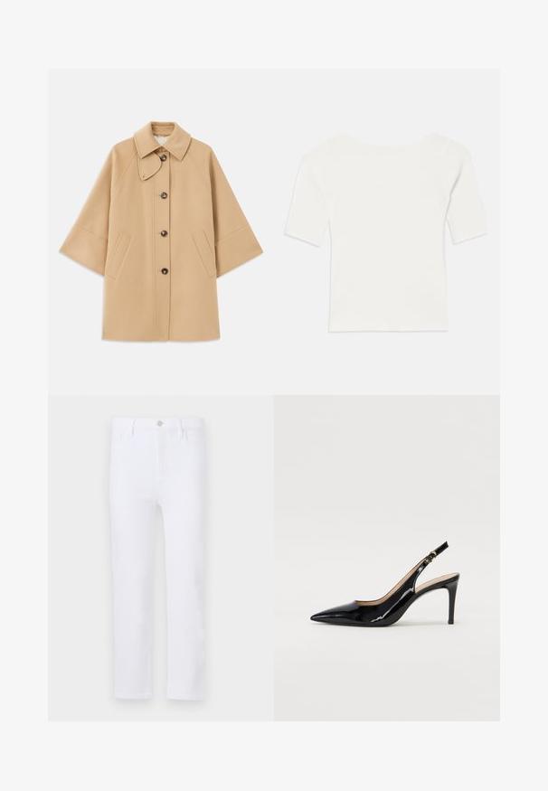 Beige Wollmischungsjacke mit klassischem Kragen, durchgehender Knopfleiste und Seitentaschen; verfügt über Raglanärmel und ein sauberes, strukturiertes Design.; Weißes, geripptes Kurzarmoberteil mit weitem Ausschnitt. Die Textur weist vertikale Streifen auf, die eine eng anliegende Passform und ein einfaches Design betonen.; Weiße Jeans mit geradem Schnitt, ausgestattet mit Gürtelschlaufen, vorderen Taschen und einem Reißverschluss. Glatte Textur und einheitliche Farbe über das gesamte Material.; Schwarz lackierte Slingback-Pumps mit spitzem Zehenbereich, schlankem Absatz und einem subtilen Ausschnittdesign. Verfügt über eine goldene Schnalle am Riemen.