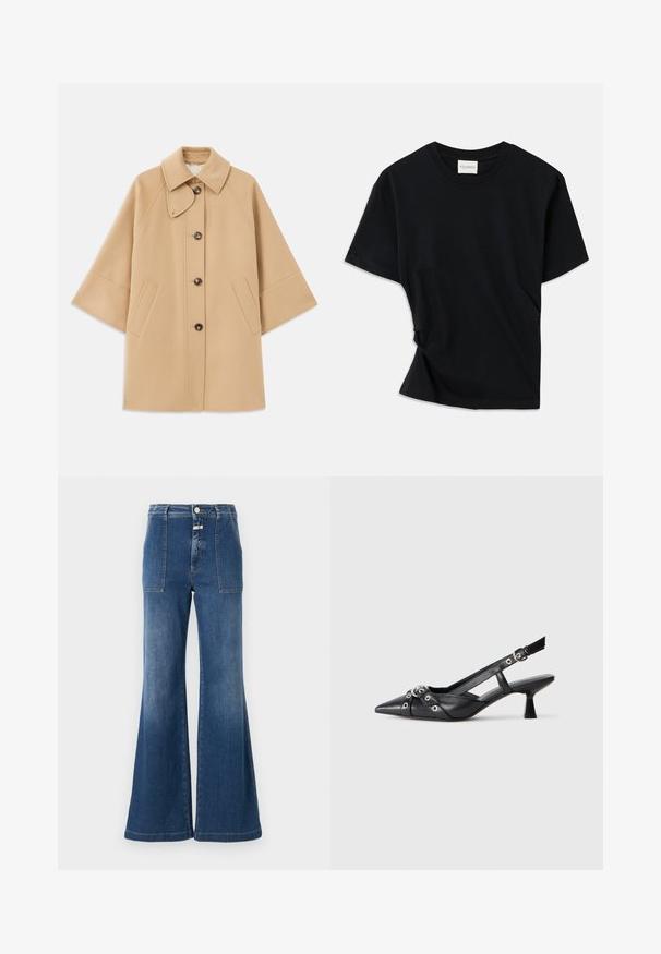 Casaco em mistura de lã bege com colarinho clássico, fecho frontal com botões e bolsos laterais; possui mangas raglan e um design limpo e estruturado.; T-shirt preta feita de algodão macio, com decote redondo, mangas curtas e um design ligeiramente torcido para um ajuste descontraído.; Jeans de cintura alta, boca de sino, em denim azul médio com um acabamento desbotado. Apresenta bolsos de remendo e fecho com botão. Bainha limpa.; Sapato slingback em couro preto com biqueira fina, tiras decorativas com ilhós de metal e um pequeno salto quadrado. Superfície texturizada.