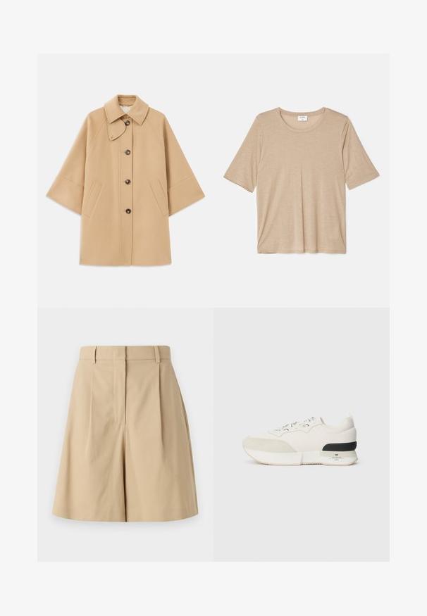 Beež villasegu jakk klassikalise kraega, ees nuppude sulgemise ja küljetaskutega; omab raglan-varrukaid ja puhtalt, struktureeritud disaini.; Filippa K ELENA TEE - Trükipildiga T-särk - sandstone; Beežid plisseeritud lühikesed püksid kõrge vöökohtaga, sileda tekstuuriga ja ilma nähtavate kinnitusteta, kujundatud puhta silueti jaoks.; Valged tennisajad, millel on tekstureeritud sametist varbakatteosa, siledast võrgust pealmine osa, dekoratiivsed nöörid ja musta kummist kontsa aksent.