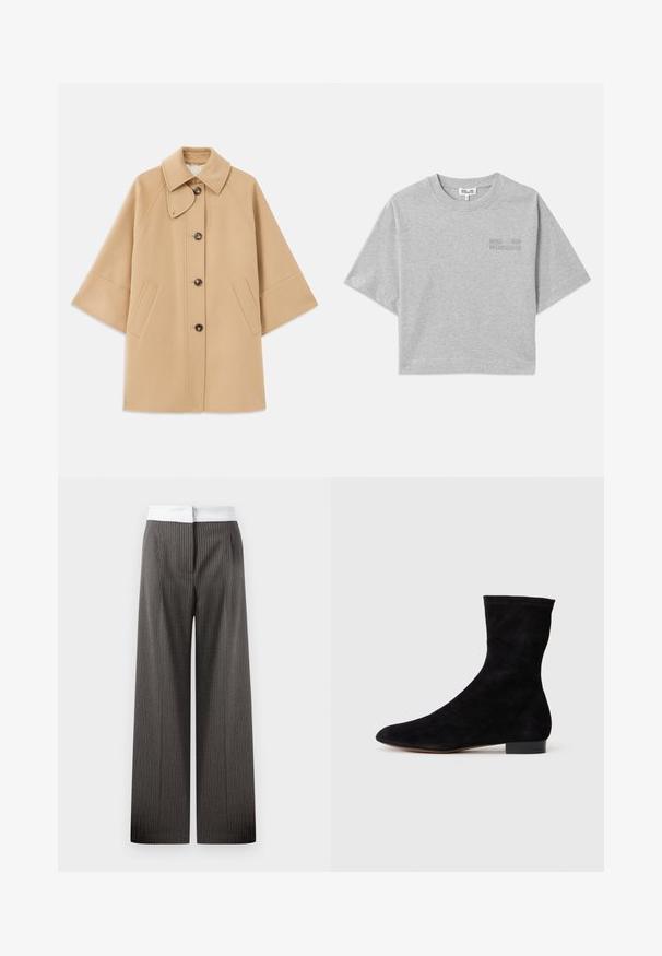 Bež kaput od vune s kombinacijom materijala, klasičnog ovratnika, prednjim zatvorenjem na dugmad i bočnim dzepovima; ima raglan rukave i čist, strukturiran dizajn.; Sivi skraćeni majica s kratkim rukavima, izrađena od mekog pamuka. Ima diskretni reljefni logo na prednjoj strani i okrugli izrez.; Široke hlače u tamno sivoj boji s vertikalnim prugama. Pojas je bijel i elastičan, što stvara kontrastni detalj.; Crne nubuk čizme do gležnjeva s uskim okvirem, špicastim vrhom i niskom bloknom petom. Glatka tekstura i minimalistički dizajn, pogodne za svestrano stiliziranje.