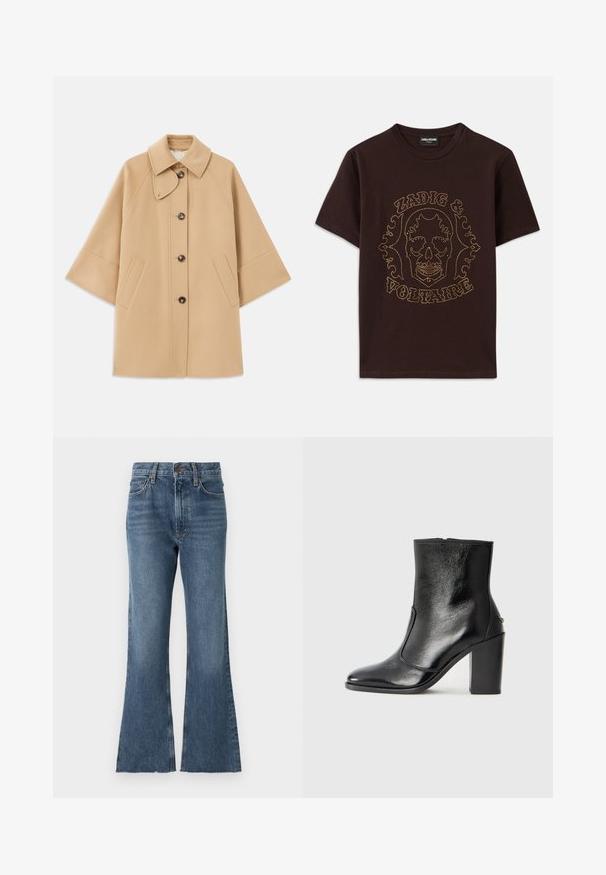 Beige Wollmischungsjacke mit klassischem Kragen, durchgehender Knopfleiste und Seitentaschen; verfügt über Raglanärmel und ein sauberes, strukturiertes Design.; Schwarzes T-Shirt aus Baumwolle mit einem Skelettgrafik, die von goldenen Nieten umrissen ist, mit dem Text "Zadig & Voltaire", kurzen Ärmeln und Rundhalsausschnitt.; Denim-Jeans mit weitem Bein in mittlerem Blauton, hoher Taillenschnitt, traditioneller Fünf-Taschen-Stil und ausgefranstem Saum am unteren Ende.; Schwarze Leder-Stiefelette mit glatter Textur, spitzem Fuß und klobigem hohen Absatz. Verfügt über eine seitliche Öffnung und ein minimalistisches Design.
