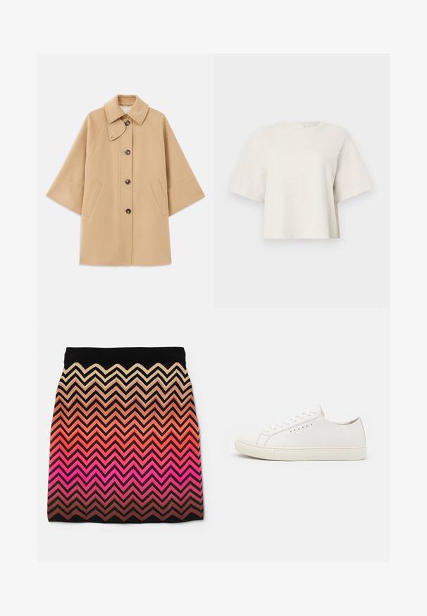 Beige gyapjú mix kabát klasszikus gallérral, elülső gombos záródással és oldalsó zsebekkel; raglán ujjaival és letisztult, strukturált dizájnjával rendelkezik.; Tejszínű, rövid fazonú póló bordázott anyagból, kerek nyakkivágással és rövid ujjakkal, laza szabással.; Horgolt szoknya, amelyen cikkcakk minta látható, bézsből rózsaszínbe haladó színátmenetben, fekete derékrésszel és texturált anyagból készült.; Fehér bőr sportcipők sima textúrával, kerek orral, minimális fűzőlyukakkal és lapos gumitalpasszal. Egyszerű dizájn, további díszítések nélkül.