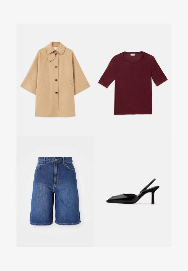 Šviesiai rudas vilnos mišinys paltas su klasikiniu apykakle, priekyje mygtukais užsegamas, ir šoninėmis kišenėmis; turi raglan tipo rankoves ir švarų, struktūrizuotą dizainą.; Tamsiai raudonas trumpomis rankovėmis marškinėliai su apvaliu kaklu, išdėstyti ant balto fono.; Tamsiai mėlyni džinsiniai šortai, pasižymintys aukštu juosmeniu, penkiais kišenėmis ir kontrastingomis siūlėmis. Apatinė kraštinė neapdirbta.; Juodas odinis slingback kulnas su smailiu nosiu, minimalizmo stilius, plonas kulkšnies dirželis ir elegantiškas stiletto kulnas. Lygus paviršius.