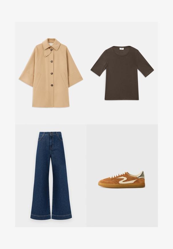 Manteau en mélange de laine beige avec un col classique, fermeture à boutons à l'avant et poches latérales ; présente des manches raglan et un design épuré et structuré.; Chemise marron foncé à manches courtes avec col rond, posée à plat sur un fond blanc.; Jeans en denim bleu à taille haute et jambes larges, avec une fermeture à bouton, des passants de ceinture et des détails de couture subtils le long des poches et des ourlets.; Baskets en daim marron et crème, avec un design en zigzag unique, des lacets beige et une semelle en caoutchouc gomme. Accents métalliques sur le talon.