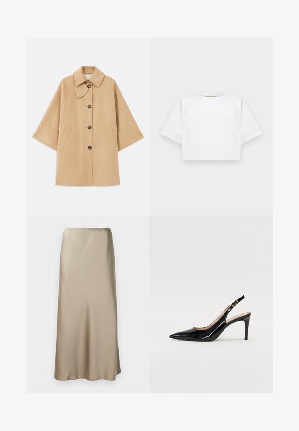 Beige Wollmischungsjacke mit klassischem Kragen, durchgehender Knopfleiste und Seitentaschen; verfügt über Raglanärmel und ein sauberes, strukturiertes Design.; Beschnittenes weißes T-Shirt aus weichem Stoff, mit kurzen Ärmeln, rundem Halsausschnitt und gerippten Saumdetails. Einfaches und schnörkelloses Design.; Satin-Midirock in hellbeige mit einem elastischen Bund, glatter Textur und fließender A-Linienform. Keine sichtbaren Muster oder Hardware.; Schwarz lackierte Slingback-Pumps mit spitzem Zehenbereich, schlankem Absatz und einem subtilen Ausschnittdesign. Verfügt über eine goldene Schnalle am Riemen.
