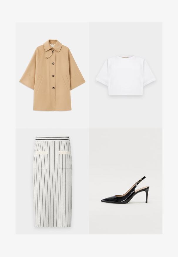 Casaco em mistura de lã bege com colarinho clássico, fecho frontal com botões e bolsos laterais; possui mangas raglan e um design limpo e estruturado.; T-shirt branca corta, feita de tecido macio, apresentando mangas curtas, um decote redondo e detalhes de bainha canelada. Design simples e despretensioso.; Saia lápis de malha em cinza claro com riscas verticais escuras, apresentando um cós canelado e dois bolsos traseiros em patche. Textura suave.; Sandal com salto em verniz preto, bico fino, salto esguio e um design de recorte subtil. Apresenta uma fivela dourada na alça.