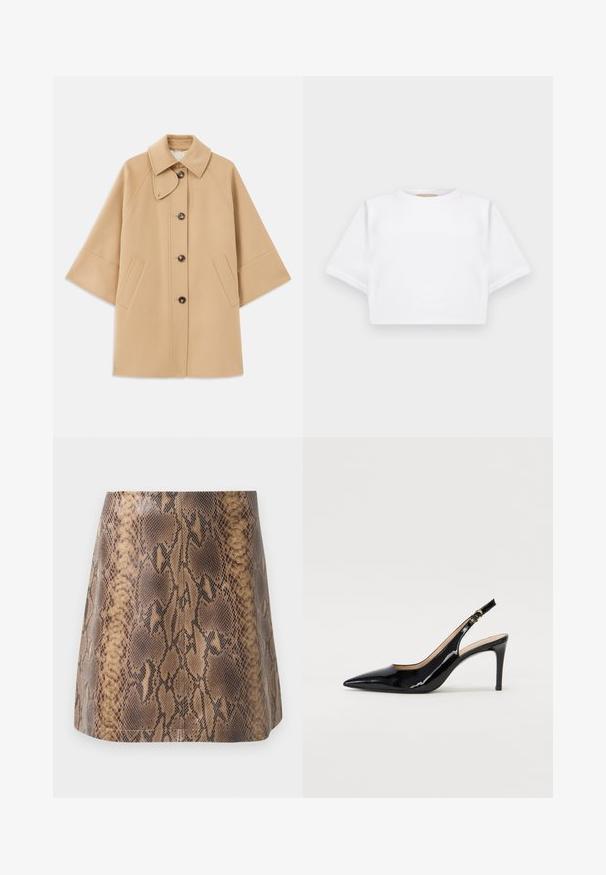 Bež kaput od vune s kombinacijom materijala, klasičnog ovratnika, prednjim zatvorenjem na dugmad i bočnim dzepovima; ima raglan rukave i čist, strukturiran dizajn.; Skraćena bijela majica od mekog materijala, s kratkim rukavima, okruglim izrezom i rebrastim detaljima na rubu. Jednostavan i neukrašen dizajn.; Mini suknja s printom od smešnog zmijskog uzorka, izrađena od veštačke kože, s glatkom teksturom, prilagođenim krojem i suptilnim detaljima šavova.; Crne lakirane slingback cipele s oštrim vrhom, uskim potpeticama i suptilnim izrezom. Sadrže zlatnu kopču na traku.