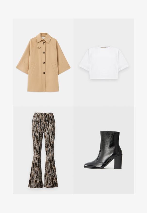 Bežový kabát z vlnenej zmesi s klasickým golierom, predným zapínaním na gombíky a bočnými vreckami; má raglánové rukávy a čistý, štruktúrovaný dizajn.; Strihnuté biele tričko vyrobené z mäkkej látky, s krátkymi rukávmi, okrúhlym výstrihom a rebrovanými detailmi na lemovaní. Jednoduchý a nezdobený dizajn.; Diane von Furstenberg BURANO PANTS - Nohavice - black; Čierna kožená kotníková obuv s hladkým povrchom, špicatou špičkou a masívnym vysokým podpätkom. Zdobená bočným otvorom a minimalistickým dizajnom.