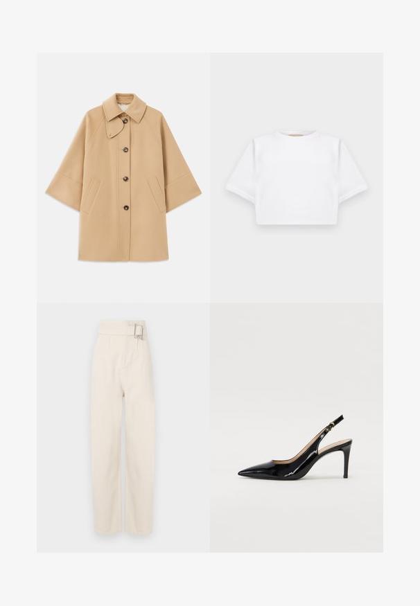 Beež villasegu jakk klassikalise kraega, ees nuppude sulgemise ja küljetaskutega; omab raglan-varrukaid ja puhtalt, struktureeritud disaini.; Lühikeste varrukatega, pehmest kangast lõigatud valge T-särk, millel on ümar kaelus ja soonikuga ääred. Lihtne ja ilma kaunistusteta disain.; Kreemivärvi kõrge talje ja laiade jalgadega püksid, millel on küljetaskud ja metallist lõpptöötlus vööl.; Must hõbedavärvi patendiga slingback kontsakingad terava varbaga, kitsas konts ja peene lõikega disain. Statistika on kuldne pandla rihmal.