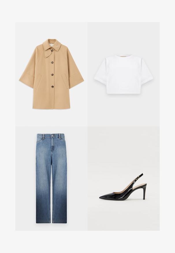 Beżowy płaszcz z wełny z klasycznym kołnierzem, z przodu zapinany na guziki, z kieszeniami po bokach; posiada rękawy raglanowe oraz prosty, uporządkowany fason.; Skrojona biała koszulka z miękkiego materiału, z krótkimi rękawami, okrągłym dekoltem i żebrowanymi detalami u dołu. Prosty i nieozdobiony design.; Jasnoniebieskie, proste dżinsy o efekcie blaknięcia, z pięcioma kieszeniami i metalowym zapięciem na guziku w talii.; Czarne lakierowane szpilki typu slingback z szpiczastym noskiem, smukłym obcasem i subtelnym wycięciem. Posiadają złotą klamrę na pasku.