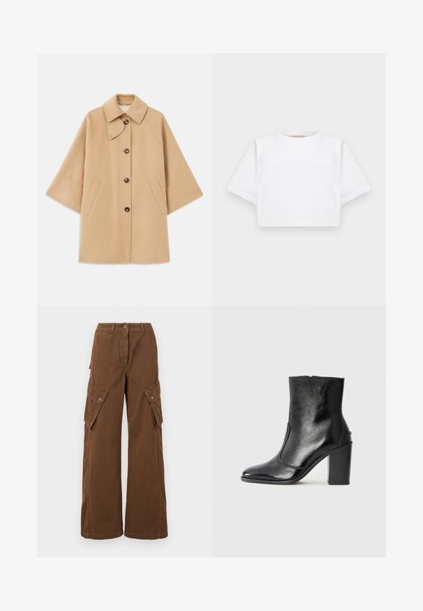 Beige wool blend coat with a classic collar, front button closure, and side pockets; features raglan sleeves and a clean, structured design.; Cropped white t-shirt made of soft fabric, featuring short sleeves, a round neckline, and ribbed hem details. Simple and unembellished design.; Weekend Max Mara LUCY HALE ELVY - Cargo trousers - marrone; Black leather ankle boot with a smooth texture, pointed toe, and a chunky high heel. Features a side opening and minimalistic design.