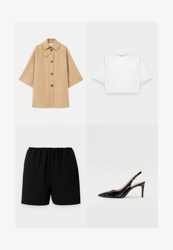 Beige wool blend coat with a classic collar, front button closure, and side pockets; features raglan sleeves and a clean, structured design.; Cropped white t-shirt made of soft fabric, featuring short sleeves, a round neckline, and ribbed hem details. Simple and unembellished design.; Black shorts with an elastic waistband, made of lightweight fabric. Features a simple design with straight leg openings and no visible patterns.; Black patent leather slingback pump with pointed toe, slim heel, and a subtle cutout design. Features a gold buckle on the strap.