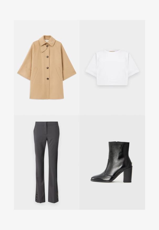 Beige wool blend coat with a classic collar, front button closure, and side pockets; features raglan sleeves and a clean, structured design.; Cropped white t-shirt made of soft fabric, featuring short sleeves, a round neckline, and ribbed hem details. Simple and unembellished design.; Gray tailored trousers with a straight fit, button accents at the hem, and a smooth texture. Featuring a flat front and side pockets.; Black leather ankle boot with a smooth texture, pointed toe, and a chunky high heel. Features a side opening and minimalistic design.