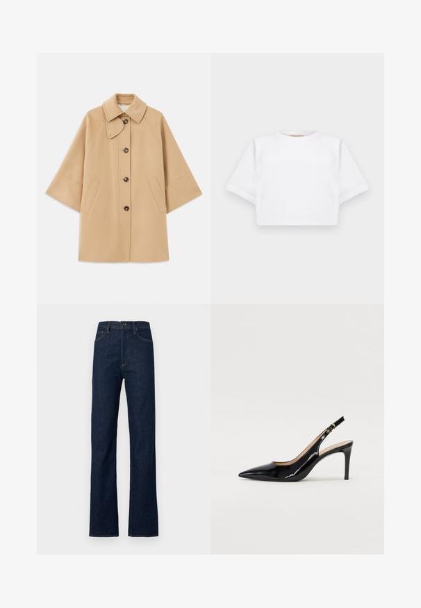 Beige wool blend coat with a classic collar, front button closure, and side pockets; features raglan sleeves and a clean, structured design.; Cropped white t-shirt made of soft fabric, featuring short sleeves, a round neckline, and ribbed hem details. Simple and unembellished design.; Dark blue denim jeans with straight legs, a high waist, five pockets, and contrasting orange stitching details. Smooth texture, no prominent patterns.; Black patent leather slingback pump with pointed toe, slim heel, and a subtle cutout design. Features a gold buckle on the strap.
