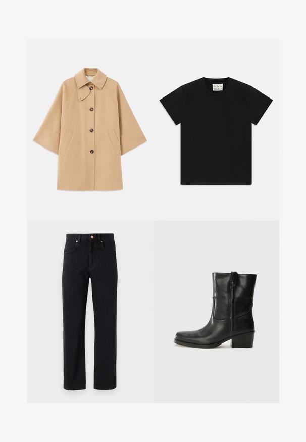 Beige gyapjú mix kabát klasszikus gallérral, elülső gombos záródással és oldalsó zsebekkel; raglán ujjaival és letisztult, strukturált dizájnjával rendelkezik.; Fekete, rövid ujjú, kerek nyakú póló fehér címkével a gallér belsejében, amelyen az "D.R.C. EST. 2002" felirat szerepel, fehér háttéren.; Fekete farmernadrág egyenes szárú szabással, öt zsebes kialakítással, réz gombos részletekkel és minimális látható öltésekkel.; Fekete bőr bokacsizma lekerekített orral, blokk sarkúval, oldalsó cipzárral és varrásos díszítéssel az elején. Simább textúra, klasszikus dizájn.