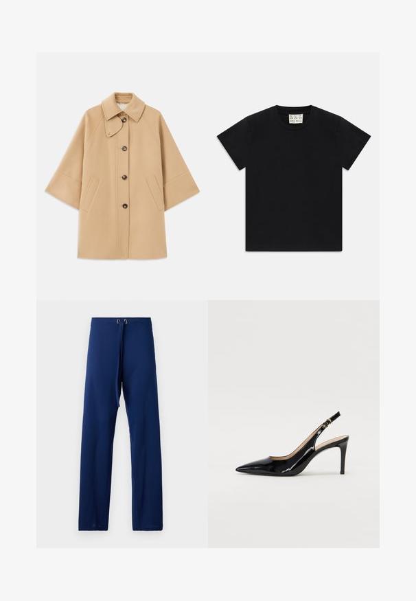Beige ullblandad kappa med klassisk krage, framknäppning med knappar och sidofickor; har raglanärmar och en ren, strukturerad design.; Svart t-shirt med kort ärm och rund halsringning, med en vit etikett i kragen som säger "D.R.C. EST. 2002", på vit bakgrund.; Mörkblå byxor med en lös passform, tillverkade av ett mjukt tyg. Har ett dragsko midjeband och ögla i guldfärg för justering.; Svart patenterat läder slingback pumps med spetsig tå, smal klack och en subtil utskärning. Har en guldbuckle på remmen.