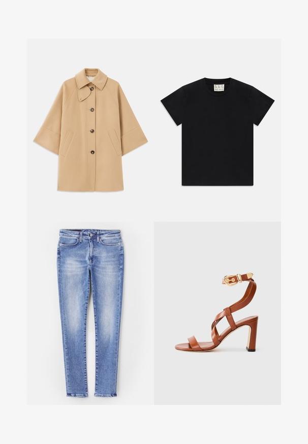 Bežový kabát z vlnenej zmesi s klasickým golierom, predným zapínaním na gombíky a bočnými vreckami; má raglánové rukávy a čistý, štruktúrovaný dizajn.; Čierne tričko s krátkym rukávom a okrúhlym výstrihom s bielou štítkom vo vnútri goliera označeným "D.R.C. EST. 2002" na bielom pozadí.; Svetlomodré džínsy s úzkym strihom, štandardným päť vreckovým dizajnom a jemne vyblednutým povrchom, s rovno strihaným lemom na členkoch.; Hnedé kožené sandále na podpätku so strappy dizajnom a spona na členku. Majú uzavretú pätu a vysoký, masívny podpätok. Hladká textúra.