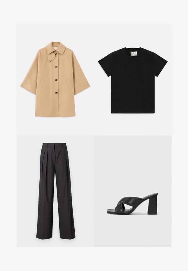 Cappotto in misto lana beige con colletto classico, chiusura frontale con bottoni e tasche laterali; presenta maniche a raglan e un design pulito e strutturato.; Maglietta nera a maniche corte con collo rotondo e un'etichetta bianca all'interno del colletto con la scritta "D.R.C. EST. 2002" su sfondo bianco.; Pantaloni a gamba larga in tessuto grigio scuro, con pieghe frontali, una texture liscia, vita media e passanti per cintura.; MAX&Co. SOHO - Sandali con tacco - schwarz