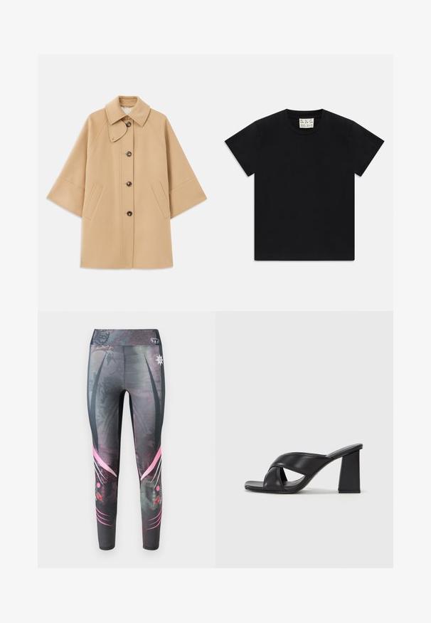 Beige kabát z vlněné směsi s klasickým límcem, zapínáním na knoflíky vpředu a bočními kapsami; má raglánové rukávy a čistý, strukturovaný design.; Černé tričko s krátkým rukávem a kulatým výstřihem s bílou cedulkou uvnitř límce s nápisem "D.R.C. EST. 2002" na bílém pozadí.; Úzké legíny v tmavě šedé barvě s tečkovaným vzorem, zdobené růžovými grafickými akcenty a vysokým pasem.; MAX&Co. SOHO - Sandály na vysokém podpatku - schwarz