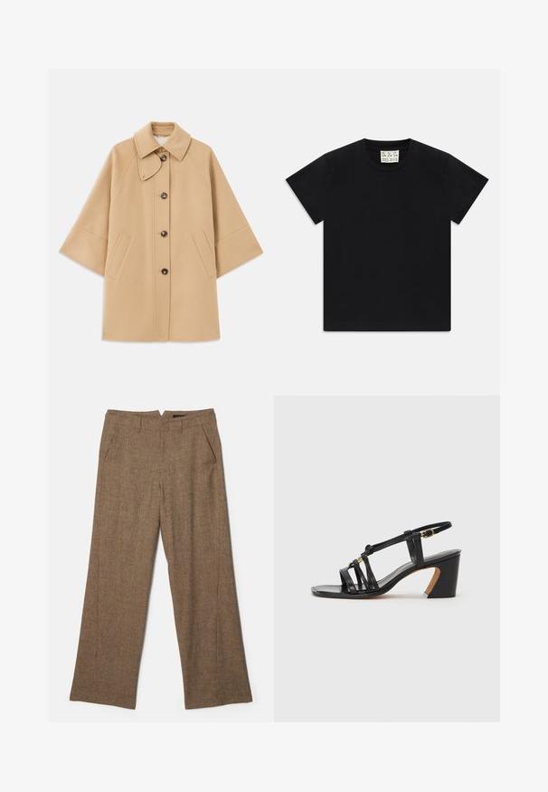 Manteau en mélange de laine beige avec un col classique, fermeture à boutons à l'avant et poches latérales ; présente des manches raglan et un design épuré et structuré.; T-shirt noir à manches courtes avec col rond, portant une étiquette blanche à l'intérieur du col étiquetée "D.R.C. EST. 2002" sur fond blanc.; Pantalons marron à jambe large en tissu texturé avec un motif à carreaux subtil, dotés de deux poches latérales et d'une taille mi-haute.; Paul Smith AMIRA - Escarpins - black