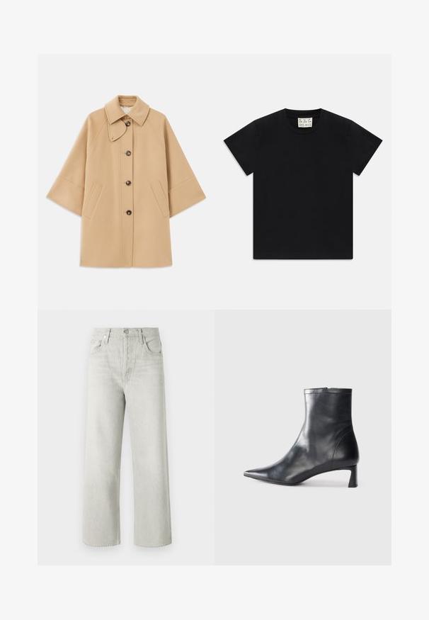 Beżowy płaszcz z wełny z klasycznym kołnierzem, z przodu zapinany na guziki, z kieszeniami po bokach; posiada rękawy raglanowe oraz prosty, uporządkowany fason.; Czarny t-shirt z krótkim rękawem i okrągłym dekoltem, z białą metką wewnątrz kołnierza oznaczoną "D.R.C. EST. 2002" na białym tle.; Jasnoszare, szerokie dżinsy wykonane z denimu, posiadające wysoki stan, przednie kieszenie oraz zapięcie na guzik i zamek błyskawiczny.; Czarne skórzane botki sięgające kostki z ostrym noskiem i eleganckim designem. Posiadają niski obcas oraz zamek błyskawiczny z tyłu. Gładka faktura.