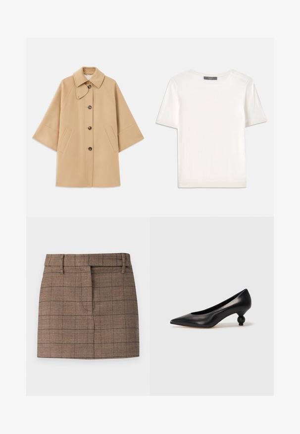 Beige kabát z vlněné směsi s klasickým límcem, zapínáním na knoflíky vpředu a bočními kapsami; má raglánové rukávy a čistý, strukturovaný design.; Bílý pletený top s krátkým rukávem a kulatým výstřihem, s hladkou strukturou a jemnými ribovými akcenty na rukávech a lemu.; Hnědá kostkovaná sukně se sladěným střihem, nabízí plochý pas, přední sklady a jemně texturovanou látku.; Černá kožená vysoká bota na podpatku s špičatou špičkou a kulatým, zaobleným podpatkem. Hladká textura s elegantním, minimalistickým designem.