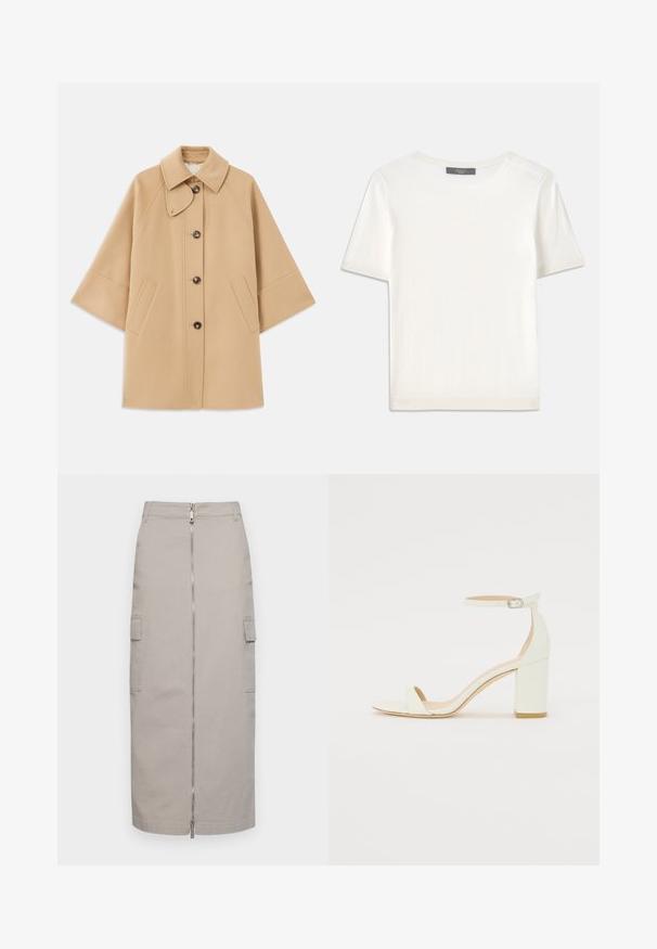 Palton din lână bej, cu un guler clasic, închidere frontală cu nasturi și buzunare laterale; are mâneci raglan și un design curat, structurat.; Top tricotat alb cu mânecă scurtă, cu decolteu rotund, având o textură netedă și accente subtile cu nervuri la mâneci și la margine.; Fustă gri până la genunchi, realizată din bumbac, cu fermoar frontal și două buzunare laterale, având o croială dreaptă și linii curate.; Sandal din piele albă cu toc bloc, având o curea la glezna cu cataramă și un design minimalist. Vârf deschis și texturi netede pe întreaga suprafață.