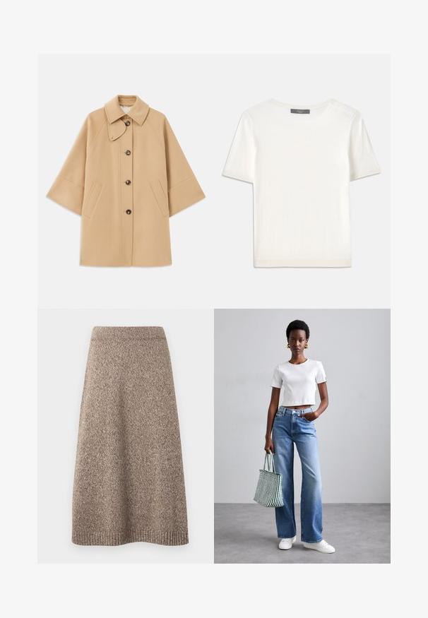 Palton din lână bej, cu un guler clasic, închidere frontală cu nasturi și buzunare laterale; are mâneci raglan și un design curat, structurat.; Top tricotat alb cu mânecă scurtă, cu decolteu rotund, având o textură netedă și accente subtile cu nervuri la mâneci și la margine.; Fustă tricotată într-o nuanță caldă de maro, cu un model texturat, talie ajustată și o siluetă evazată, prezentând accente cordate la tiv.; Tricou scurt cu dungi albe, blugi cu picioare largi de culoare albastră deschisă și adidași albi. Ținând o geantă de umăr cu dungi verzi și albe.