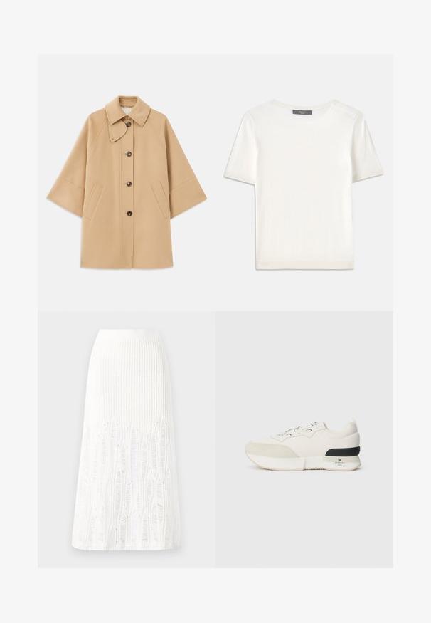 Palton din lână bej, cu un guler clasic, închidere frontală cu nasturi și buzunare laterale; are mâneci raglan și un design curat, structurat.; Top tricotat alb cu mânecă scurtă, cu decolteu rotund, având o textură netedă și accente subtile cu nervuri la mâneci și la margine.; Fustă midi tricotată albă, cu un model texturat ce include linii verticale și detalii decupate aproape de tiv. Talie elastică. Material moale.; Adidași albi cu vârf din suede texturat, parte superioară din plasă netedă, șireturi decorative și un accent din cauciuc negru la toc.