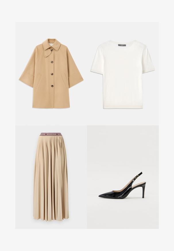 Manteau en mélange de laine beige avec un col classique, fermeture à boutons à l'avant et poches latérales ; présente des manches raglan et un design épuré et structuré.; Haut tricot blanc à manches courtes avec un col rond, présentant une texture lisse et des accents côtelés subtils aux manches et à l'ourlet.; Jupe maxi plissée en doux tissu beige, avec une taille élastique bordeaux affichant le mot "WEEKEND" répété. Aucune fermeture visible.; Pompe slingback en cuir verni noir avec un bout pointu, un talon fin et un design de découpes subtil. Elle dispose d'une boucle dorée sur la sangle.