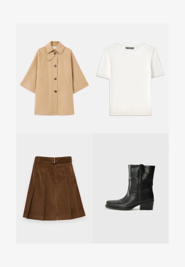 Casaco em mistura de lã bege com colarinho clássico, fecho frontal com botões e bolsos laterais; possui mangas raglan e um design limpo e estruturado.; Top de malha branco, de mangas curtas, com decote redondo, apresentando uma textura suave e discretos realces canelados nas mangas e na barra.; Saias de veludo cotelê castanhas com um design pregueado, apresentando uma cintura com fivela e textura em nervuras verticais.; Bota de tornozelo em couro preto com bico arredondado, salto bloco, fecho lateral e detalhes em costura na parte frontal. Textura suave, design clássico.