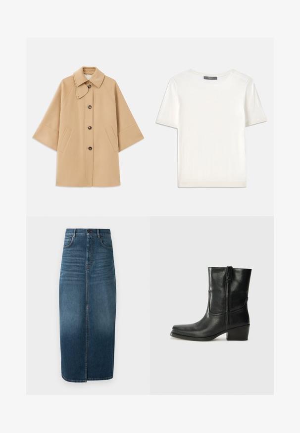 Casaco em mistura de lã bege com colarinho clássico, fecho frontal com botões e bolsos laterais; possui mangas raglan e um design limpo e estruturado.; Top de malha branco, de mangas curtas, com decote redondo, apresentando uma textura suave e discretos realces canelados nas mangas e na barra.; Saia midi de denim em índigo escuro, com uma fenda frontal e ligeira descoloração. Design clássico de cinco bolsos com fecho em botão de metal.; Bota de tornozelo em couro preto com bico arredondado, salto bloco, fecho lateral e detalhes em costura na parte frontal. Textura suave, design clássico.