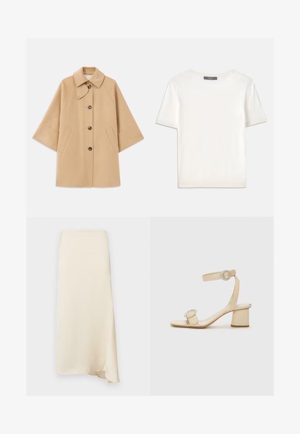 Beige kabát z vlněné směsi s klasickým límcem, zapínáním na knoflíky vpředu a bočními kapsami; má raglánové rukávy a čistý, strukturovaný design.; Bílý pletený top s krátkým rukávem a kulatým výstřihem, s hladkou strukturou a jemnými ribovými akcenty na rukávech a lemu.; WEEKEND MaxMara AIA - Pouzdrová sukně - ecru; Béžové sandály na vysokém podpatku s minimalistickým designem, které mají dva kulaté akcenty a silný podpatek. Vyrobené z hladké kůže.