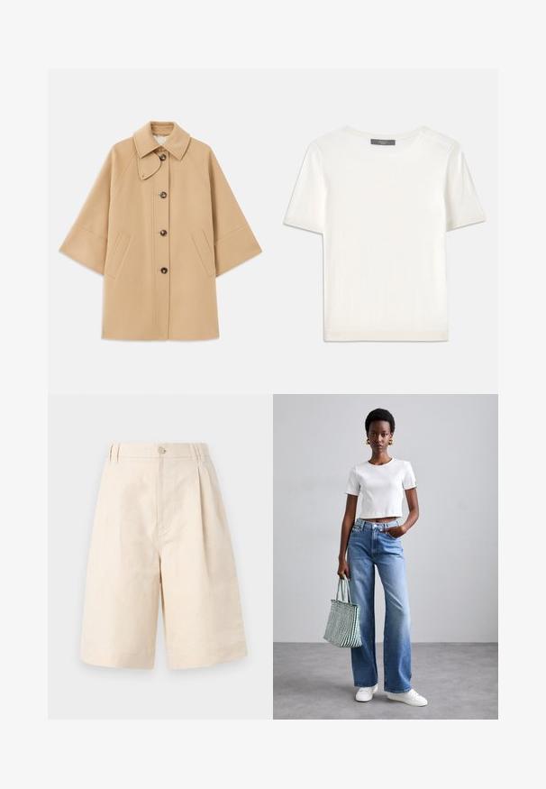 Beige wollen blend jas met een klassieke kraag, sluiting met knopen aan de voorkant en zijzakken; heeft raglanmouwen en een nette, gestructureerde uitstraling.; Witte gebreide top met korte mouwen en een ronde halslijn, met een gladde textuur en subtiele ribgebreide accenten bij de mouwen en de zoom.; Beige linnen shorts met een relaxte pasvorm, voorzien van een knoopsluiting, geplooid ontwerp en knie-lange snit. Glad textuur en eenvoudig stijl.; Witte geribde crop top, lichtblauwe wijde jeans en witte sneakers. Houdt een groen-wit gestreepte tote bag vast.
