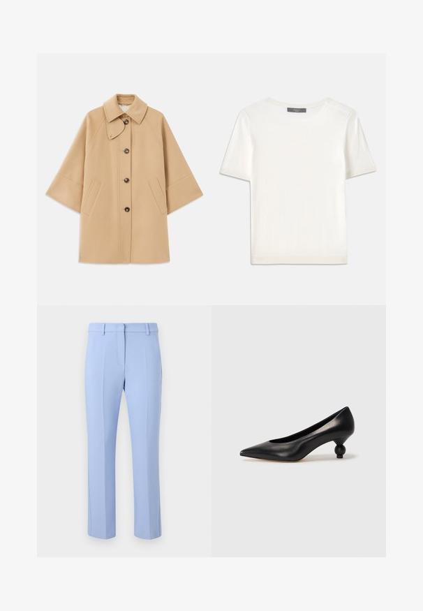 Beige uldblandingsfrakke med klassisk krave, frontknaplukning og sidelommer; har raglanærmer og et rent, struktureret design.; Hvid kortærmet strikbluse med rund halsudskæring, der har en glat tekstur og subtile ribbede detaljer ved ærmerne og kanten.; Lyst blå skræddersyede bukser med flad front, to sidelommer og diskrete folder, der løber ned ad forsiden af hvert ben.; Sort læder høje hæle med spids tå og rund, kugleformet hæl. Glat tekstur med et stilrent, minimalistisk design.