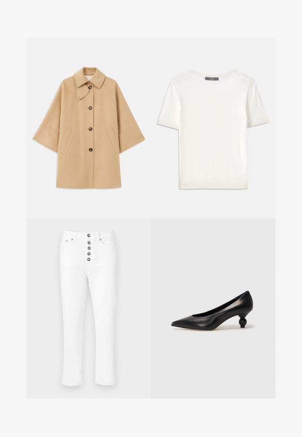 Šviesiai rudas vilnos mišinys paltas su klasikiniu apykakle, priekyje mygtukais užsegamas, ir šoninėmis kišenėmis; turi raglan tipo rankoves ir švarų, struktūrizuotą dizainą.; Baltas trumpas rankovėmis megztinis su apvaliu kaklu, pasižymintis lygia tekstūra ir subtiliais raštuotais akcentais rankovėse bei apykaulyje.; Baltos džinsinės kelnes su tiesia pjaustymo forma, su penkiais dekoratyviais knopkų uždarymais ir priekinėmis kišenėmis. Lygus tekstūra, nematyti jokios raštų.; Juoda odinė aukštakulnė bateliai su smailiu pirštu ir apvaliu, iškiliu kulnu. Lygus paviršius su elegantišku, minimalistiniu dizainu.