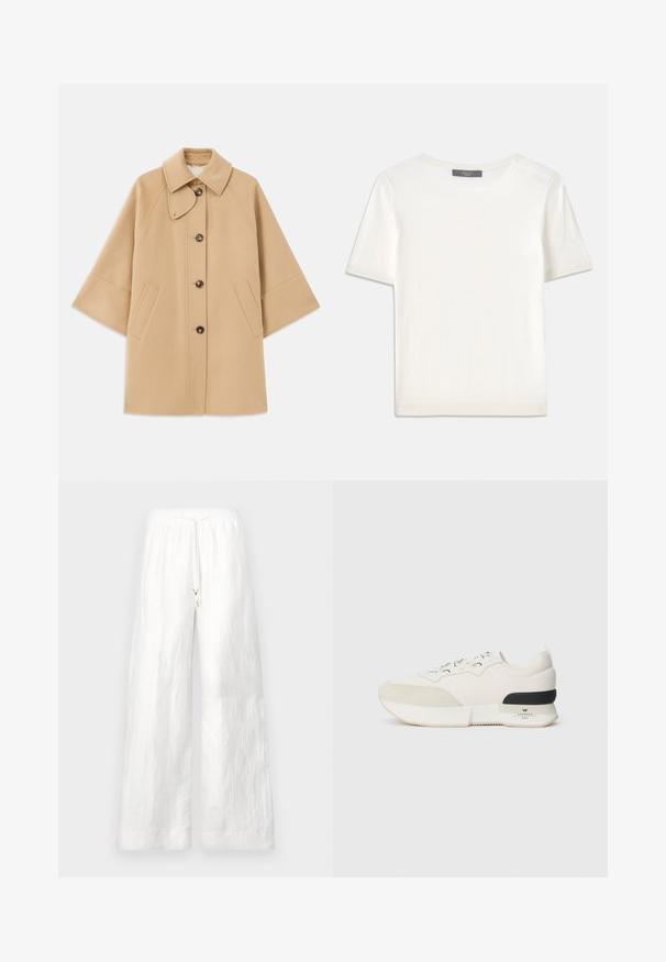 Šviesiai rudas vilnos mišinys paltas su klasikiniu apykakle, priekyje mygtukais užsegamas, ir šoninėmis kišenėmis; turi raglan tipo rankoves ir švarų, struktūrizuotą dizainą.; Baltas trumpas rankovėmis megztinis su apvaliu kaklu, pasižymintis lygia tekstūra ir subtiliais raštuotais akcentais rankovėse bei apykaulyje.; Balti lininiai plačių šlaunų kelnės su elastingu juosmeniu ir raišteliu. Išsiskiria lygiu tekstūru ir laisvu kirpimu. Kišenių nematyti.; Balti sportiniai bateliai su tekstūruotu zomšiniu priekiu, sklandžiu tinkliniu viršumi, dekoratyviomis raištelėmis ir juodu guminiu kulno akcentu.