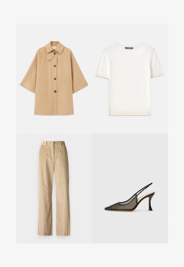 Beige wollen blend jas met een klassieke kraag, sluiting met knopen aan de voorkant en zijzakken; heeft raglanmouwen en een nette, gestructureerde uitstraling.; Witte gebreide top met korte mouwen en een ronde halslijn, met een gladde textuur en subtiele ribgebreide accenten bij de mouwen en de zoom.; WEEKEND MaxMara TANIA - Broek - beige; Zwarte slingback hoge hak schoen met een spitse neus, gaasdetails en een glad leren kap. Kleuren zijn zwart met beige accenten.