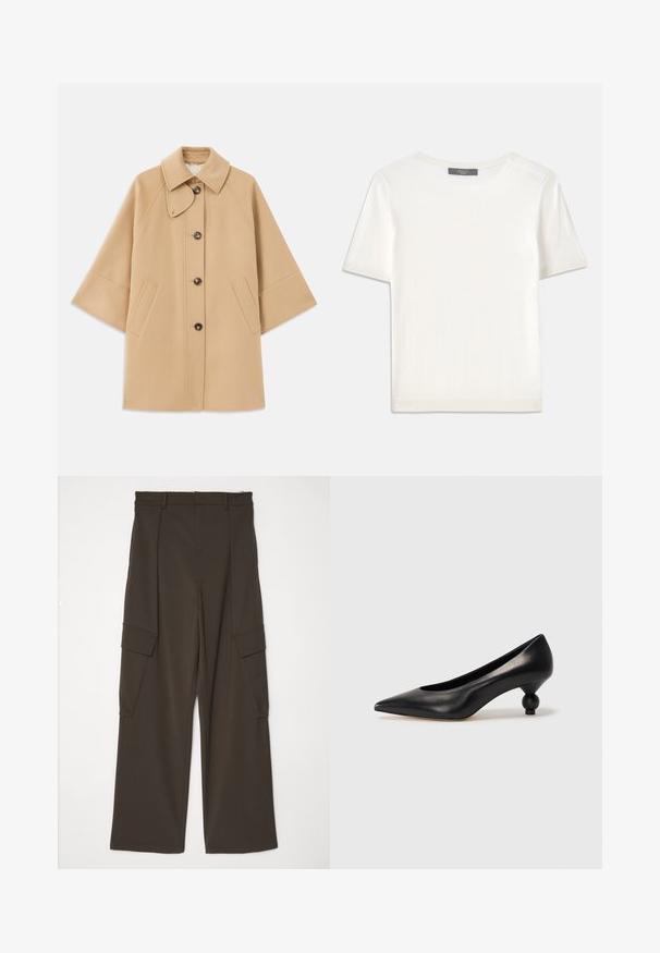 Bežový kabát z vlnenej zmesi s klasickým golierom, predným zapínaním na gombíky a bočnými vreckami; má raglánové rukávy a čistý, štruktúrovaný dizajn.; Biele krátke rukávy pletené tričko s okrúhlym výstrihom, ktoré má jemnú textúru a nenápadné rebrované detaily na rukávoch a leme.; Hnedé široké nohavice s cargo strihom vyrobené z textúrovanej látky, s dvoma bočnými vreckami s chlopňami a rovnou líniou od pásu po lem.; Čierna kožená vysoká topánka na podpätku s ostrým špičkou a okrúhlym, guľatým podpätkom. Hladký povrch s moderným, minimalistickým dizajnom.