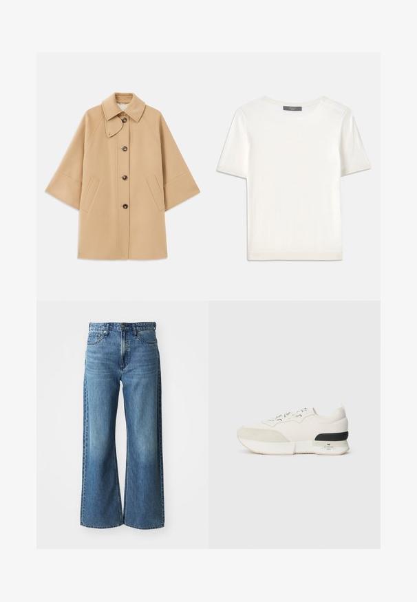 Beige wollen blend jas met een klassieke kraag, sluiting met knopen aan de voorkant en zijzakken; heeft raglanmouwen en een nette, gestructureerde uitstraling.; Witte gebreide top met korte mouwen en een ronde halslijn, met een gladde textuur en subtiele ribgebreide accenten bij de mouwen en de zoom.; Wijdvallende blauwe spijkerbroek van denim met een middelhoge tailleband, vijf zakken en subtiele vervaging. Kenmerken zijn onder andere riemlussen en gestikte details.; Witte sneaker met een getextureerde suede neuskap, een soepel mesh bovenwerk, decoratieve veters en een zwarte rubberen hakaccent.