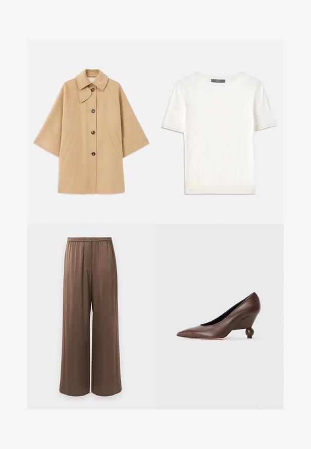 Palton din lână bej, cu un guler clasic, închidere frontală cu nasturi și buzunare laterale; are mâneci raglan și un design curat, structurat.; Top tricotat alb cu mânecă scurtă, cu decolteu rotund, având o textură netedă și accente subtile cu nervuri la mâneci și la margine.; Pantaloni largi, maro, cu talie elastică și țesătură netedă, expuși pe un fundal alb simplu.; Pantof cu toc wedge din piele maro, cu bot ascuțit și tobă rotundă, în formă de bilă. Textură netedă, cu un design simplu și accente minime.