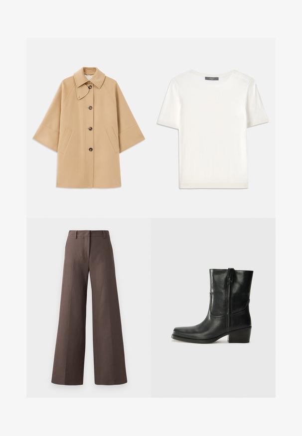 Palton din lână bej, cu un guler clasic, închidere frontală cu nasturi și buzunare laterale; are mâneci raglan și un design curat, structurat.; Top tricotat alb cu mânecă scurtă, cu decolteu rotund, având o textură netedă și accente subtile cu nervuri la mâneci și la margine.; Pantaloni largi de culoare marron, confecționați dintr-un material neted; prezintă o față plată, bucle pentru curea și cusături verticale pe picioare.; Botine din piele neagră, cu vârf rotund, toc pătrat, fermoar pe lateral și accente de cusături pe partea superioară. Textură netedă, design clasic.