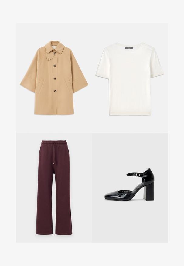 Beige Wollmischungsjacke mit klassischem Kragen, durchgehender Knopfleiste und Seitentaschen; verfügt über Raglanärmel und ein sauberes, strukturiertes Design.; Weißes kurzärmliges Strickoberteil mit rundem Halsausschnitt, das eine glatte Textur und subtile Rippakzente an den Ärmeln und dem Saum aufweist.; Burgunderfarbene weite Hosen mit einem elastischen Bund, Kordelzug und seitlichen Taschen. Gefertigt aus weichem, glattem Stoff mit einer lockeren Passform.; Schwarze patentierte Leder-High Heels mit quadratischer Zehenform, Knöchelriemchen und dicker Absatz. Enthält durchbrochene Details entlang des Randes.